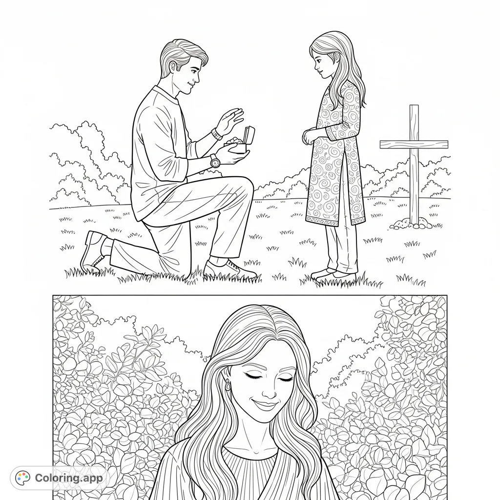 Capture a tender proposal scene with a kneeling man and a standing girl, complemented by a serene woman below. Features intricate details and natural settings.