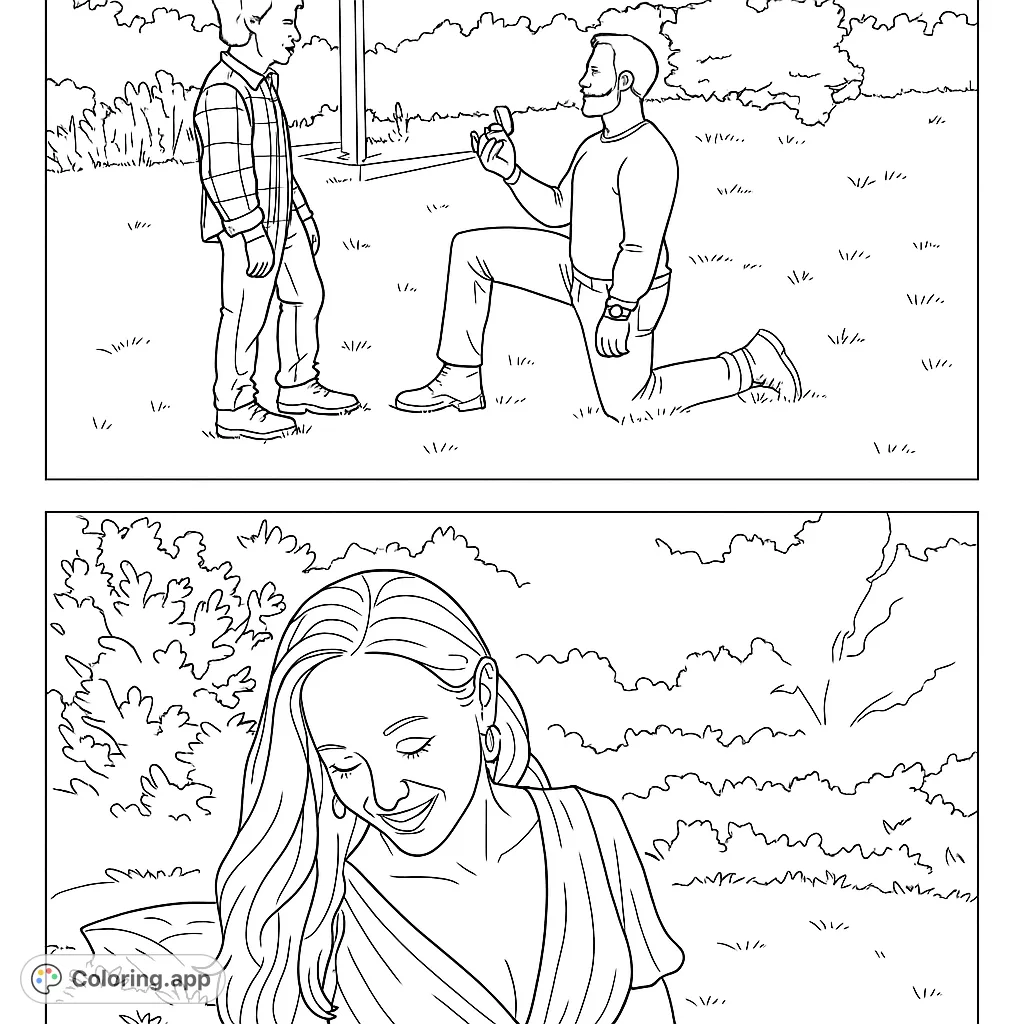 A heartfelt proposal scene with a man on one knee and a joyful woman, set in a serene outdoor landscape. Celebrate love and new beginnings.