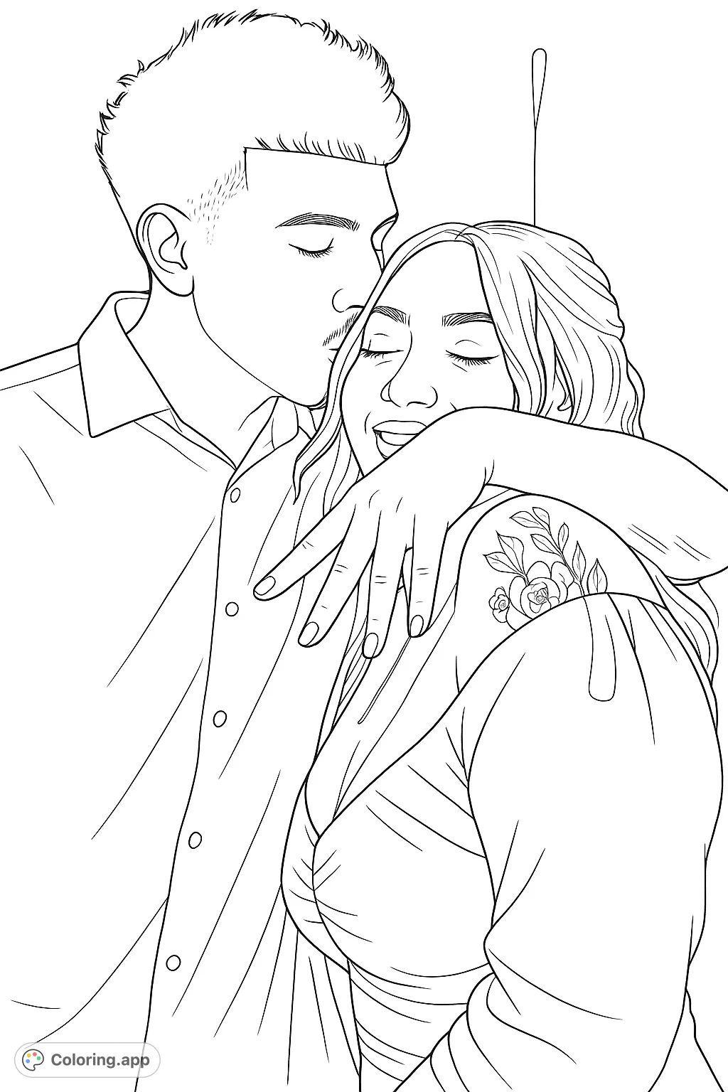 Capture a tender moment with this romantic couple coloring page. A man kisses a woman's forehead, showcasing affection and connection. Perfect for expressing love.