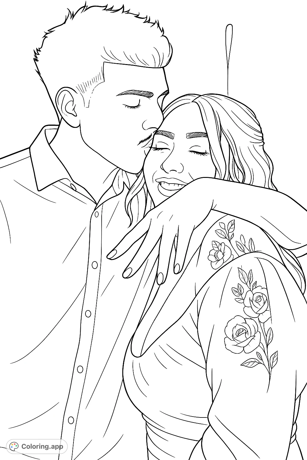Capture a tender moment of affection with this romantic coloring page. A man kisses a woman's forehead, surrounded by love and intricate details like her floral tattoo.