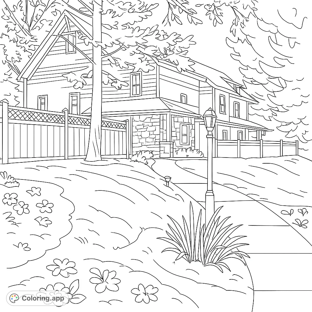 Explore a picturesque countryside building with a stone foundation, surrounded by a white fence, winding path, and lush gardens. A delightful architectural and nature scene.
