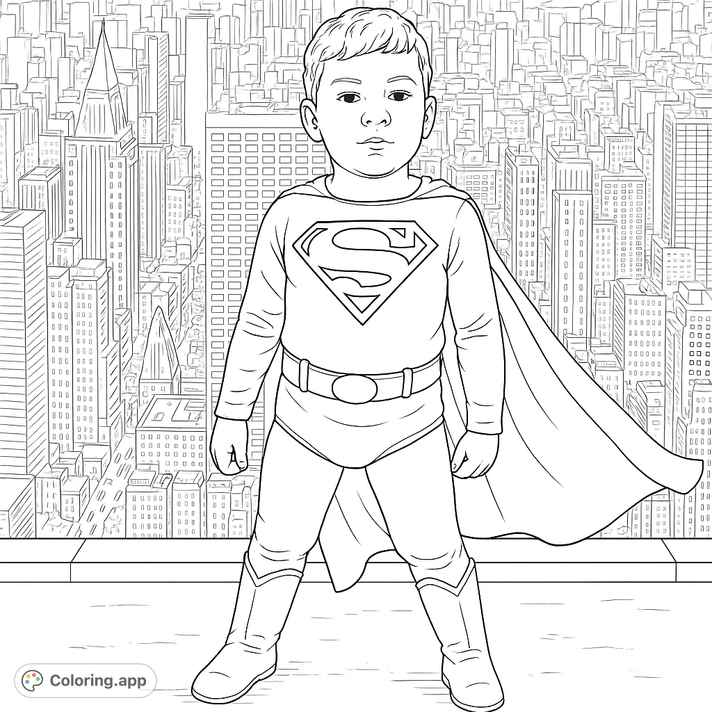A young hero stands tall on a city rooftop, ready for adventure. This superhero coloring page features an iconic costume and a sprawling urban background.