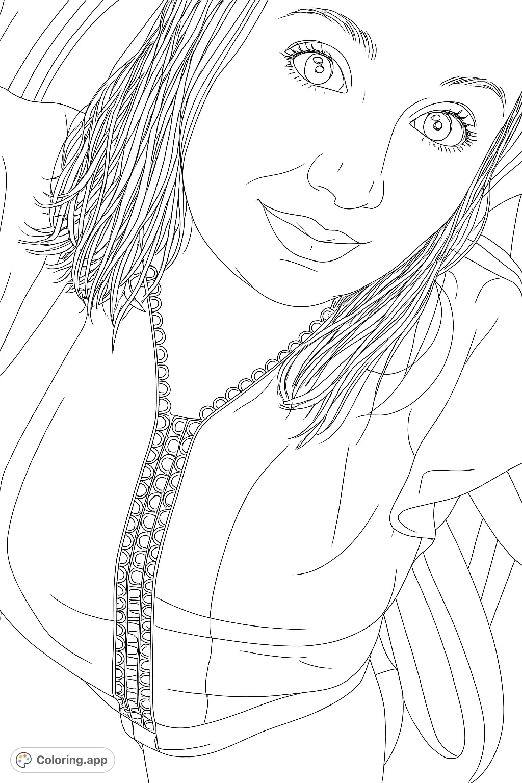 A charming portrait featuring a person with wavy hair and a stylish top with scalloped neckline and unique circular patterns, perfect for creative expression.