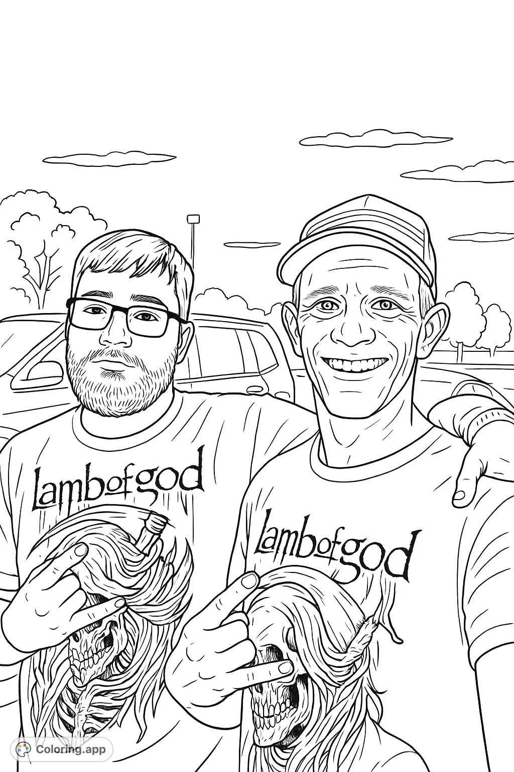Two metal fans proudly display their band shirts featuring a grim reaper design and rock-on hand gestures. A detailed and engaging coloring page for enthusiasts.