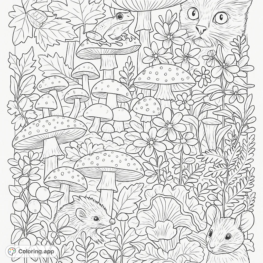 Explore a magical forest floor teeming with whimsical mushrooms, a crowned frog, a curious cat, and tiny woodland creatures. A delightful nature scene.