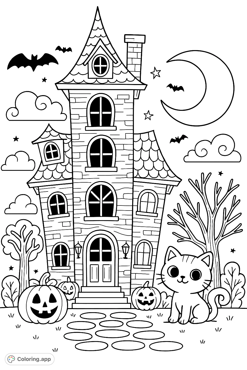 A charming haunted house scene with a friendly cat, jack-o'-lanterns, and spooky elements under a crescent moon. Perfect for Halloween fun!