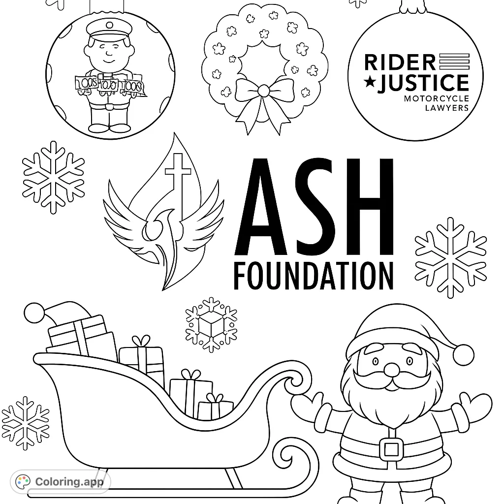 A cheerful Santa with a sleigh full of gifts, surrounded by festive ornaments and snowflakes, perfect for holiday coloring fun.