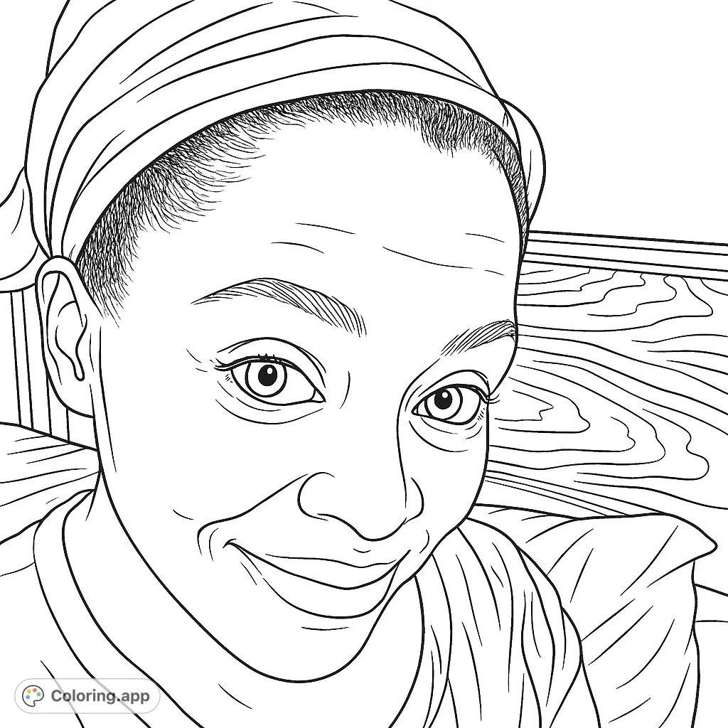 A captivating close-up portrait featuring a person with a gentle smile and a draped head covering, set against a cozy bedroom background. Perfect for mindful coloring.