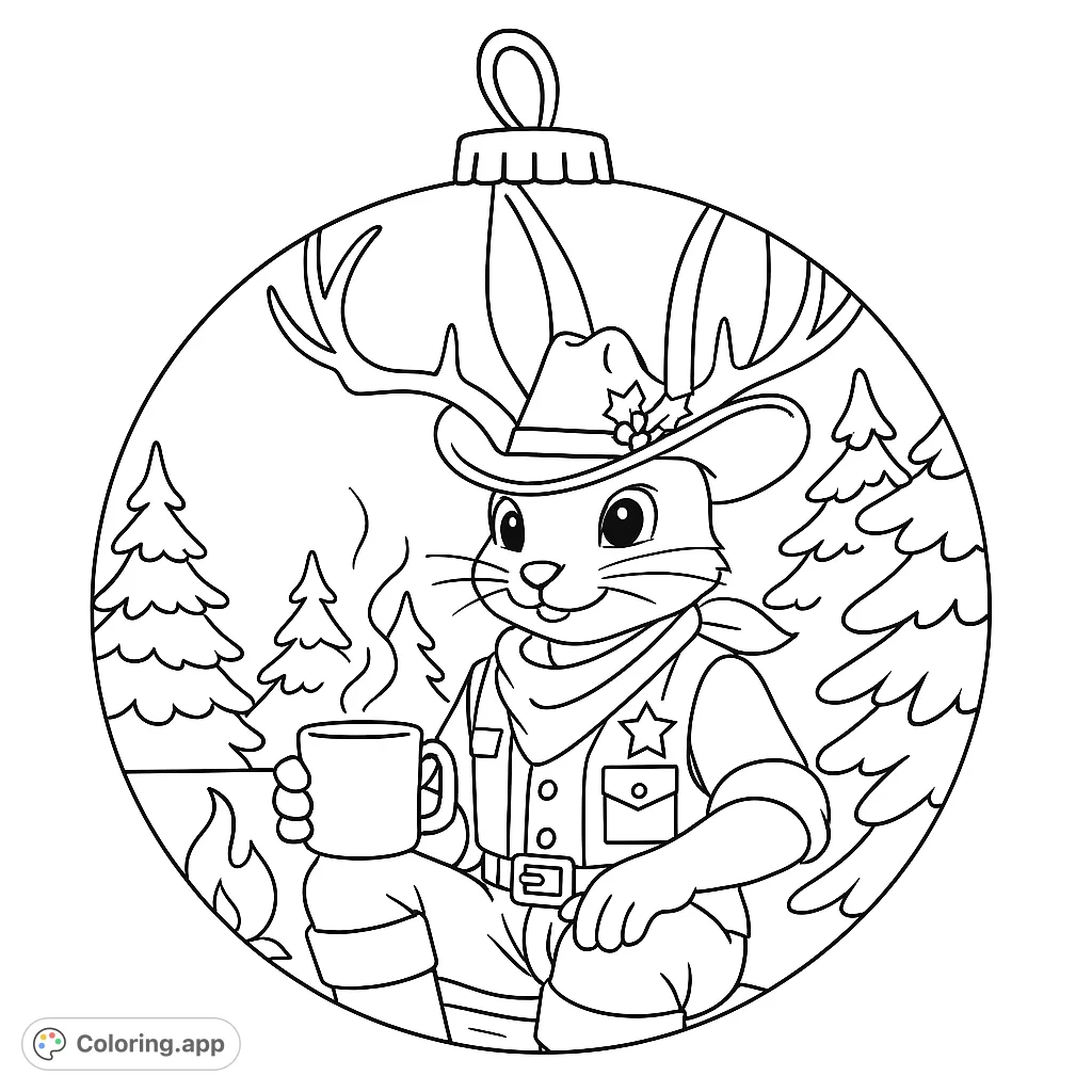 Cozy winter jackalope in cowboy gear by a campfire, enjoying a warm drink amidst snow-dusted trees. A festive, free printable coloring page!