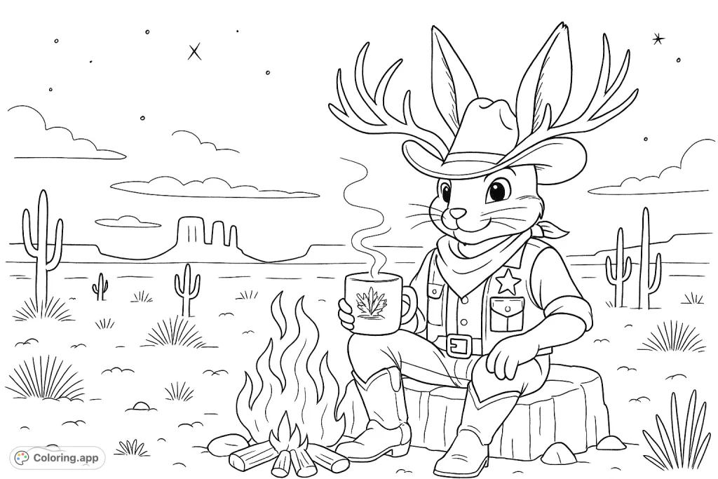 A charming jackalope cowboy enjoys a warm drink by a campfire in a desert landscape. Perfect for a relaxing coloring adventure.