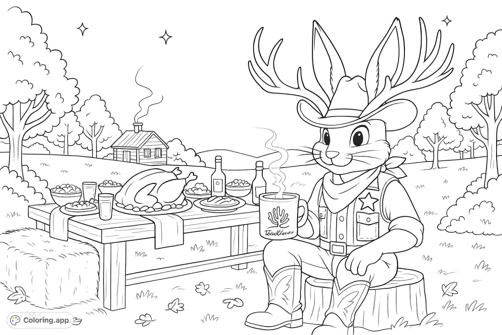 Celebrate a cozy autumn evening with a charming jackalope in a cowboy hat enjoying a festive harvest dinner outdoors, surrounded by rustic charm and a star-lit sky.