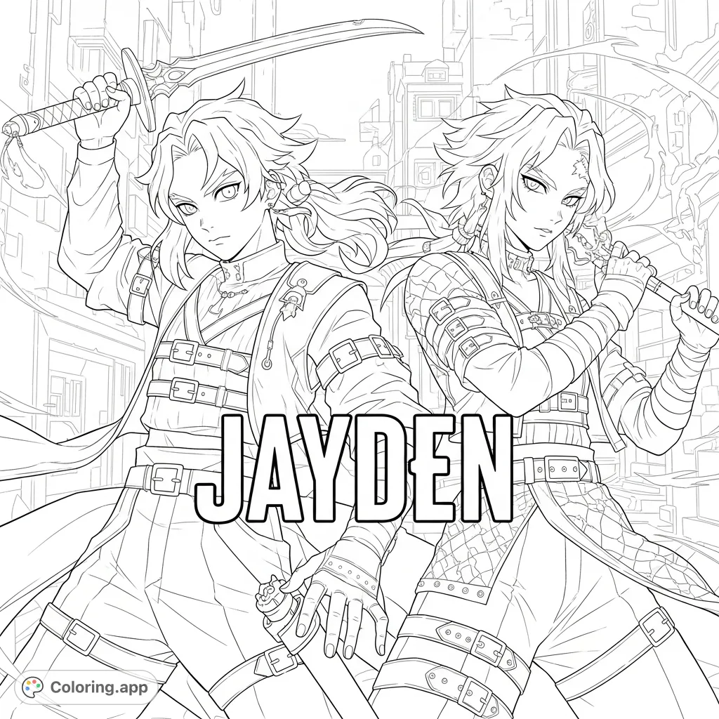Unleash your creativity with Rumi and Jinu from K-pop Demon Hunters, featuring the name 'Jayden'. A dynamic scene for fans to personalize.
