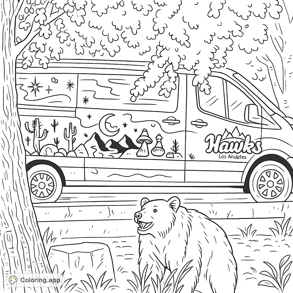 A curious bear stands near a van adorned with a unique desert landscape mural, featuring cacti, mountains, and a crescent moon. A whimsical scene for all ages.