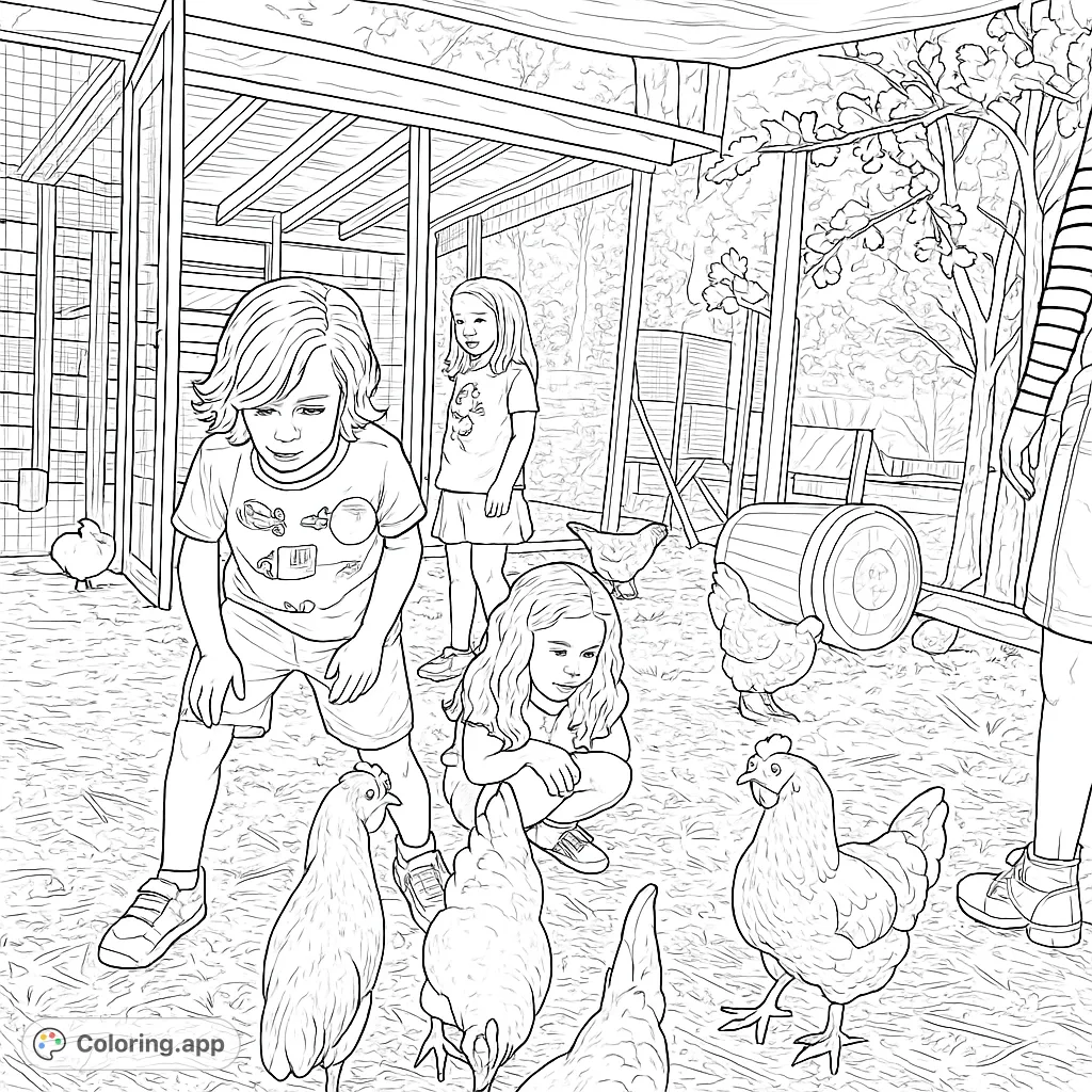 Explore a lively farm scene with children observing chickens in their coop. A delightful farm animal coloring page for kids and adults, perfect for nature lovers.