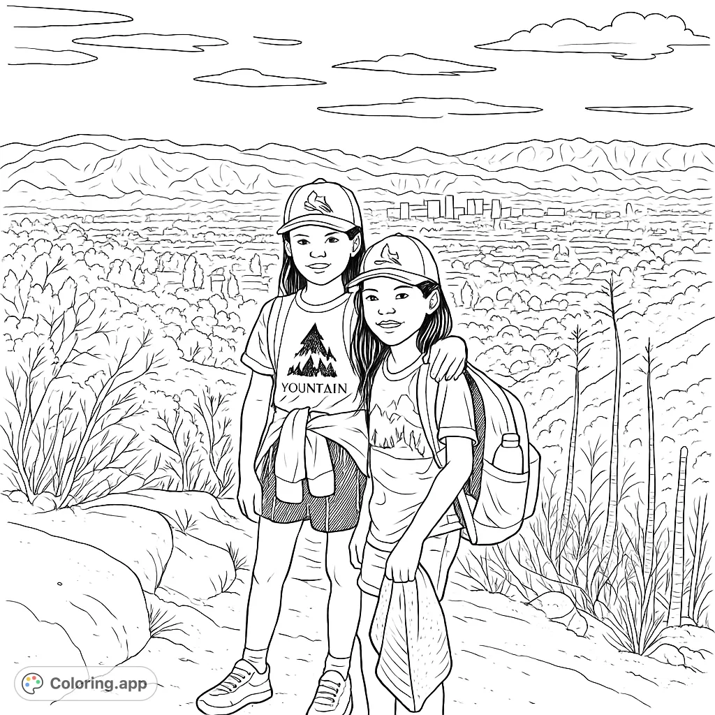 Two girls pose on a hilltop overlooking a vast city and mountain range, perfect for a scenic adventure coloring page.