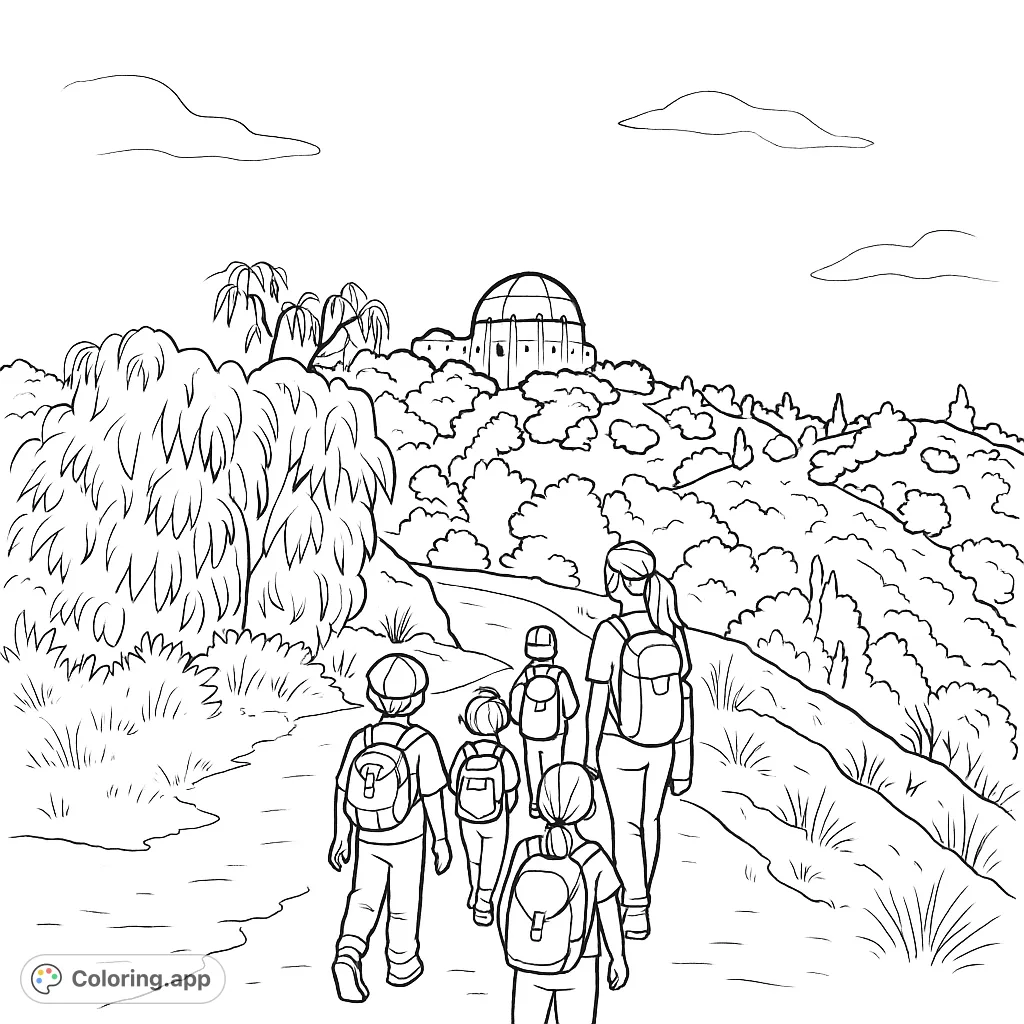 Hike a scenic trail towards a grand observatory with a group of adventurers. This free printable hiking coloring page offers a fun journey for all ages.