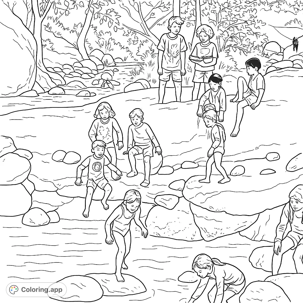 Children explore a rocky stream, climbing boulders and splashing in the water. A lively scene of outdoor play and natural discovery.