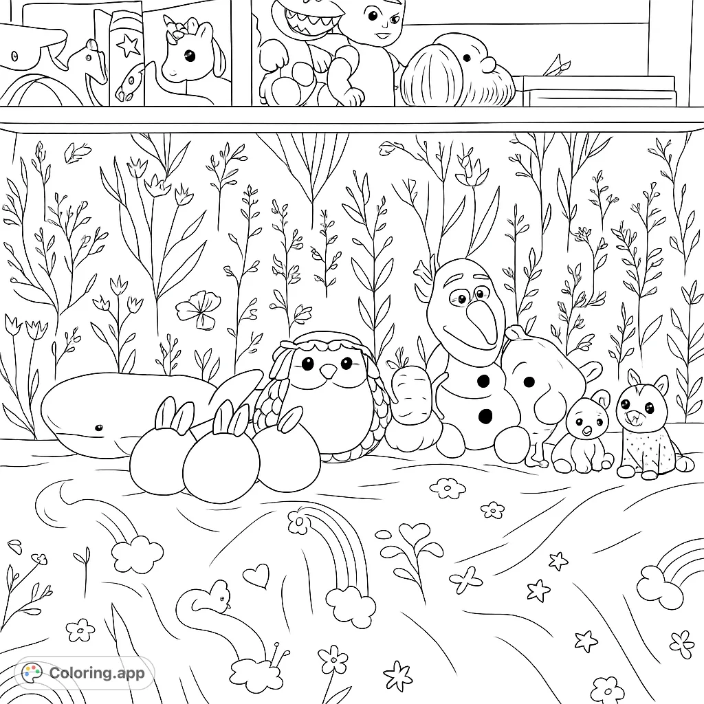 A delightful coloring page featuring a collection of beloved stuffed animals, magical egg toys, and a whimsical room setting, perfect for creative fun and imaginative play.