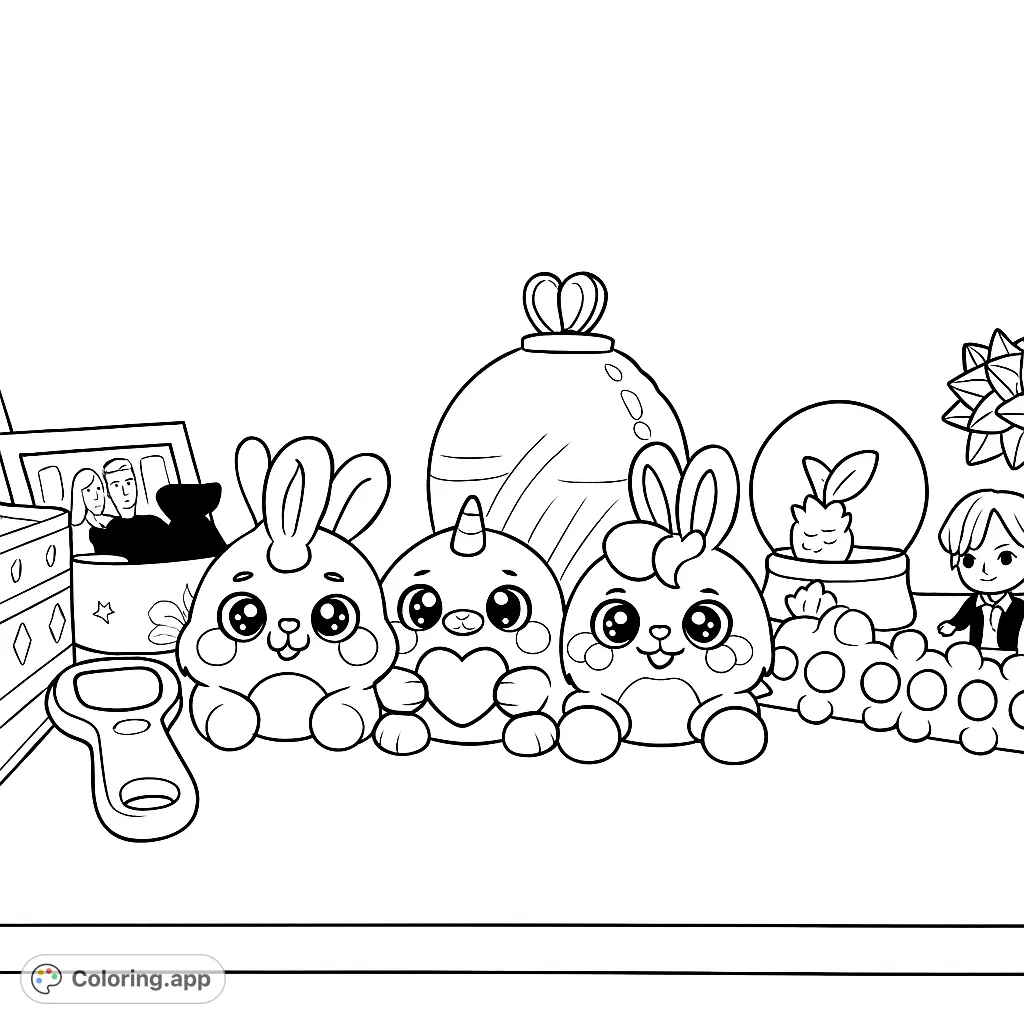 A delightful cartoony coloring page featuring three adorable plush bunny-unicorn toys surrounded by fun objects. Perfect for kids and adults who love cute characters!
