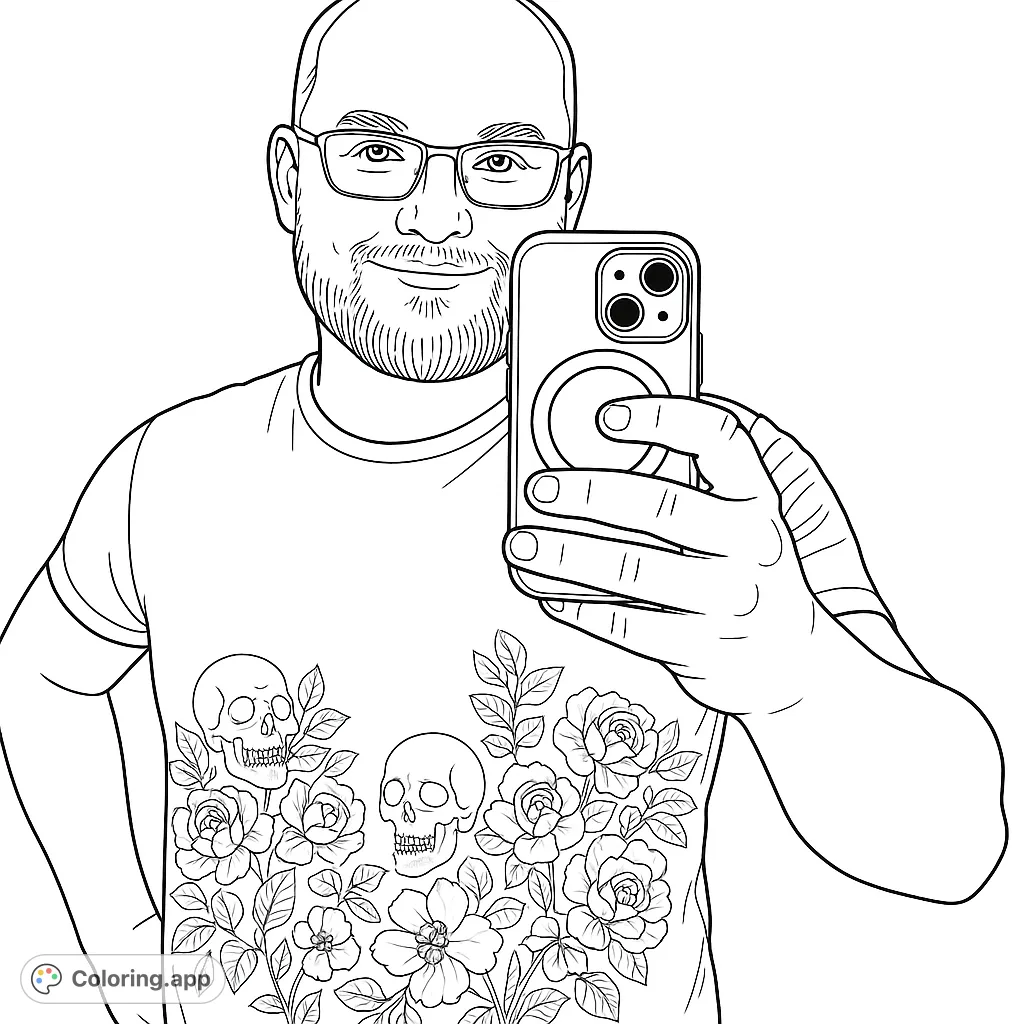 A smiling man in glasses and a unique floral skull t-shirt takes a selfie with his phone. A modern and detailed coloring page for creative expression.