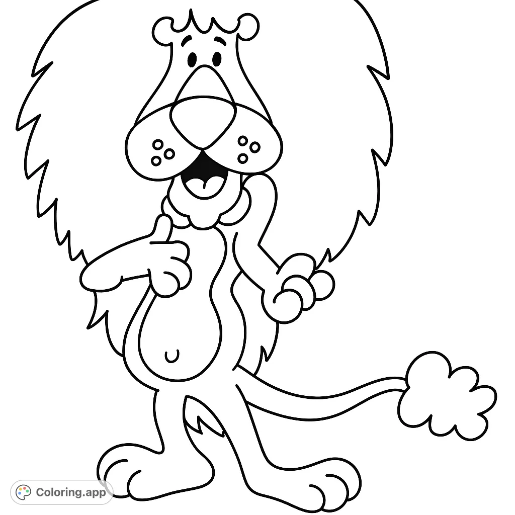 A cheerful cartoon lion with a big mane and a friendly pose, holding a small object. Perfect for young artists exploring safari themes and animal characters.