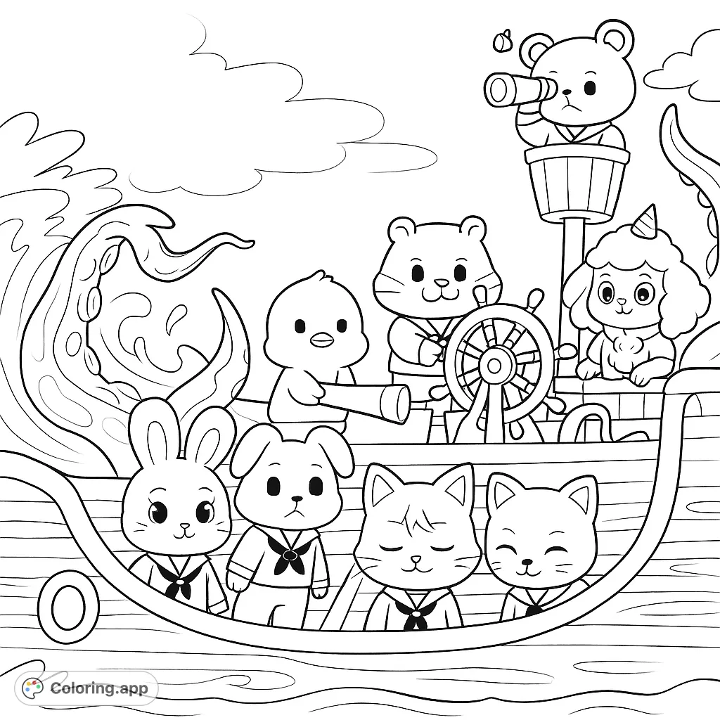 Join an adorable animal crew on a high-seas adventure! This cute animal crew coloring page features charming characters navigating wavy waters with a mysterious sea creature.