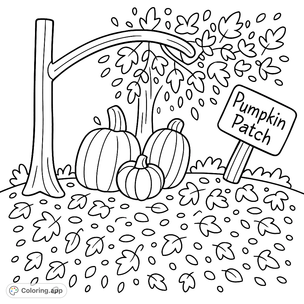 Explore a charming pumpkin patch scene with a leafy tree, three pumpkins, and a welcoming sign. Perfect for autumn-themed coloring fun!