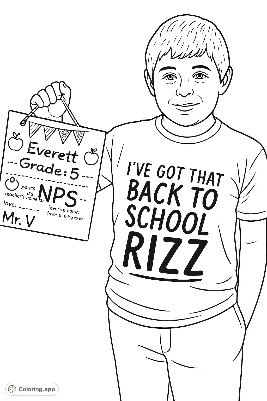Celebrate the first day of school with this student holding a personalized sign. Perfect for young learners to color and customize their back to school memories.