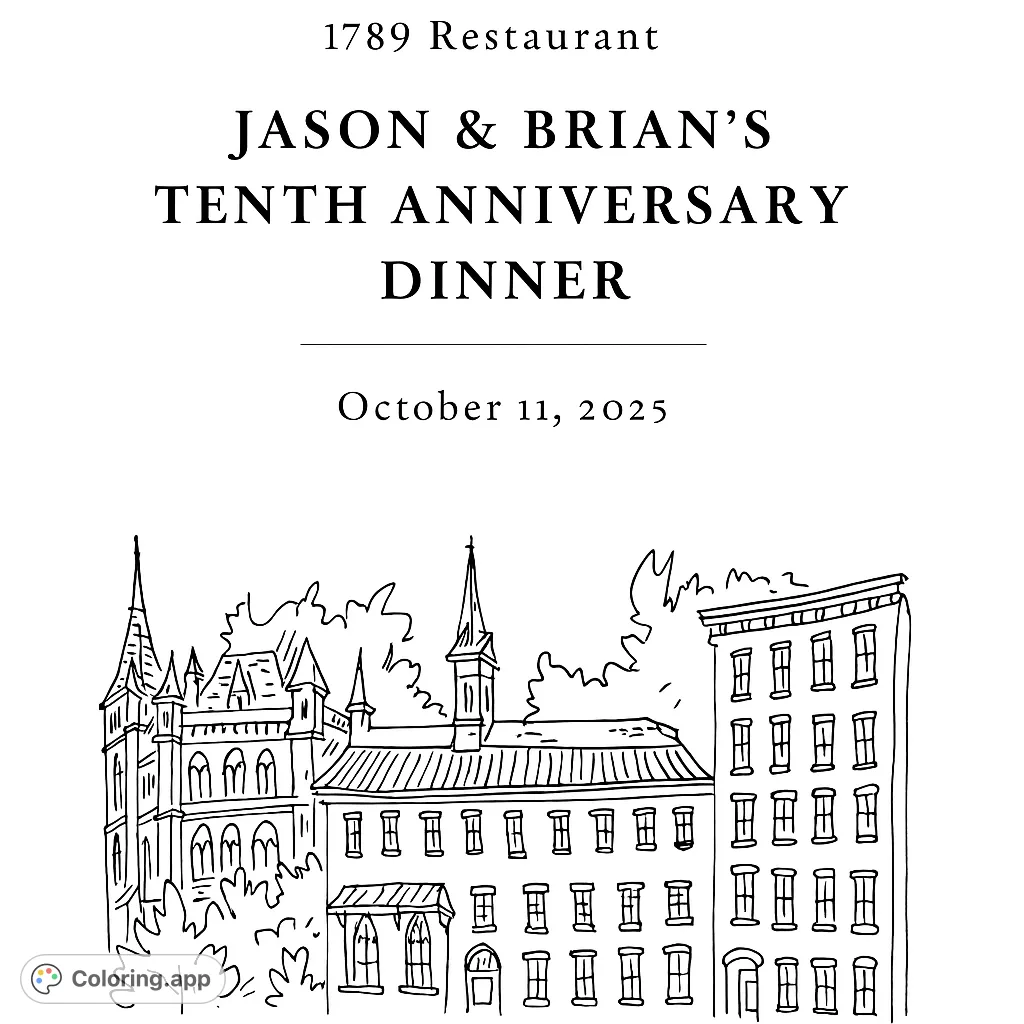 Explore a charming street scene with historic buildings, intricate architecture, and leafy trees, perfect for a relaxing coloring experience.
