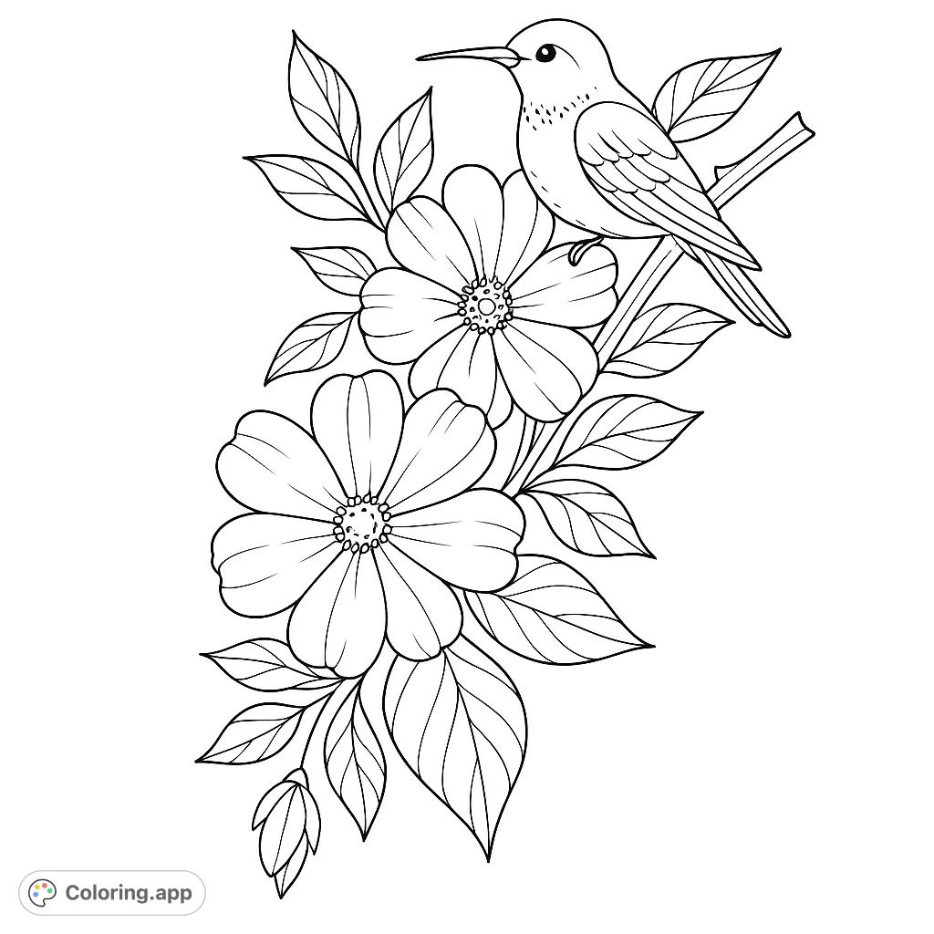 An elegant botanical coloring page featuring a detailed flower, textured sunflower, and flowing leaves, perfect for nature lovers and mindful coloring.