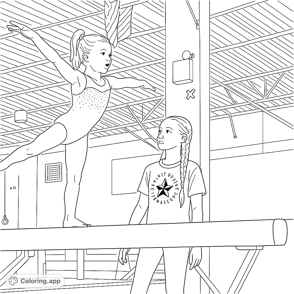 A determined young gymnast balances on a beam, observed by a supportive coach. Perfect for aspiring athletes and fans of gymnastics.