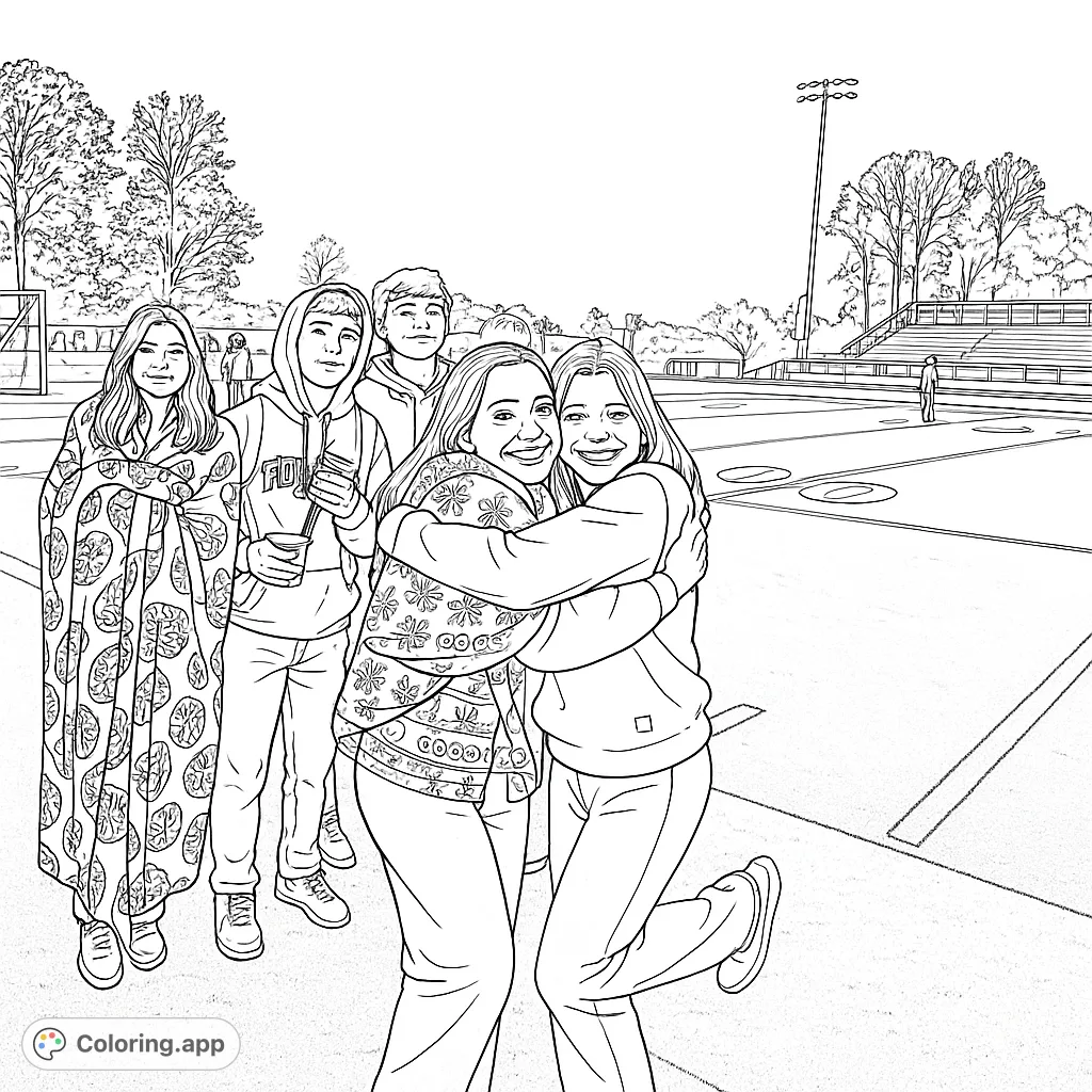 Capture the joy of friendship on a sports field with this dynamic group of young people. Features a warm embrace, a donut blanket, and a lively outdoor setting.