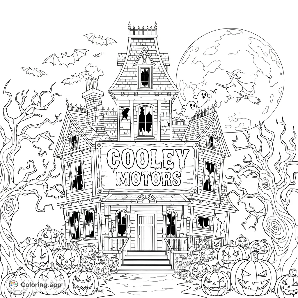 A spooky Halloween scene featuring a haunted house, flying witch, pumpkins, and ghosts, with "Cooley Motors" prominently displayed. Perfect for festive fun!
