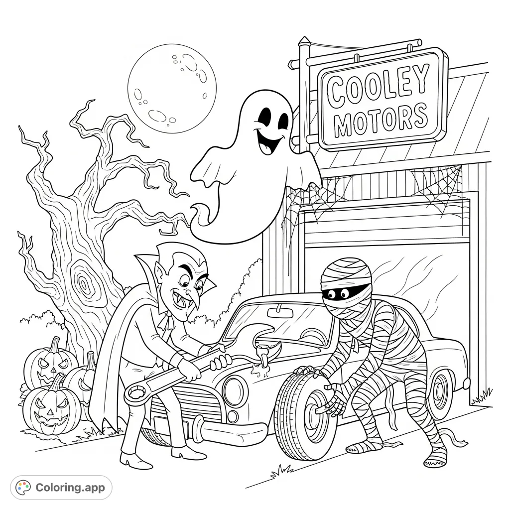 A hilarious Halloween scene with friendly monsters comically attempting car repairs at Cooley Motors. Perfect for a spooky, fun coloring adventure!