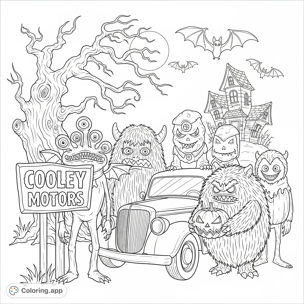 A fun Halloween coloring page featuring a gathering of spooky monsters, a haunted house, and a vintage vehicle with "Cooley Motors" on display.