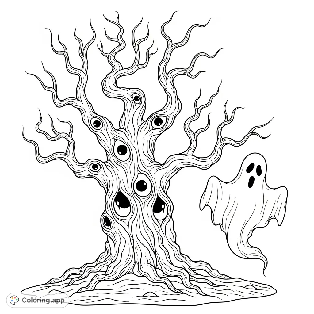 A spooky Halloween coloring page featuring a gnarled tree with eerie eyes and a floating ghost, perfect for a fun and frightful coloring adventure.