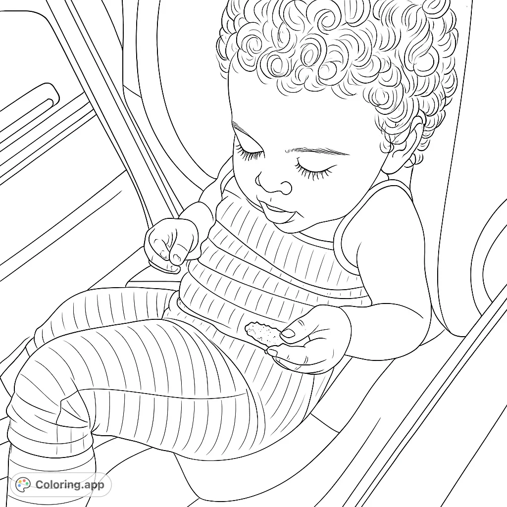 A sweet curly-haired child enjoys a snack in a car seat, offering a charming scene for young colorists to bring to life with their favorite hues.