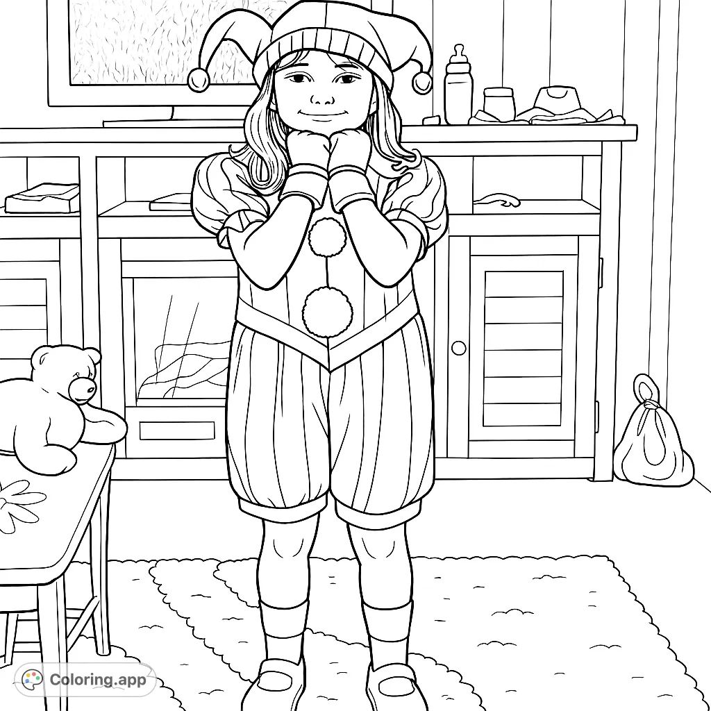 A cheerful child in a whimsical jester costume, complete with a multi-pointed hat and pom-poms. Perfect for imaginative play and creative coloring fun.