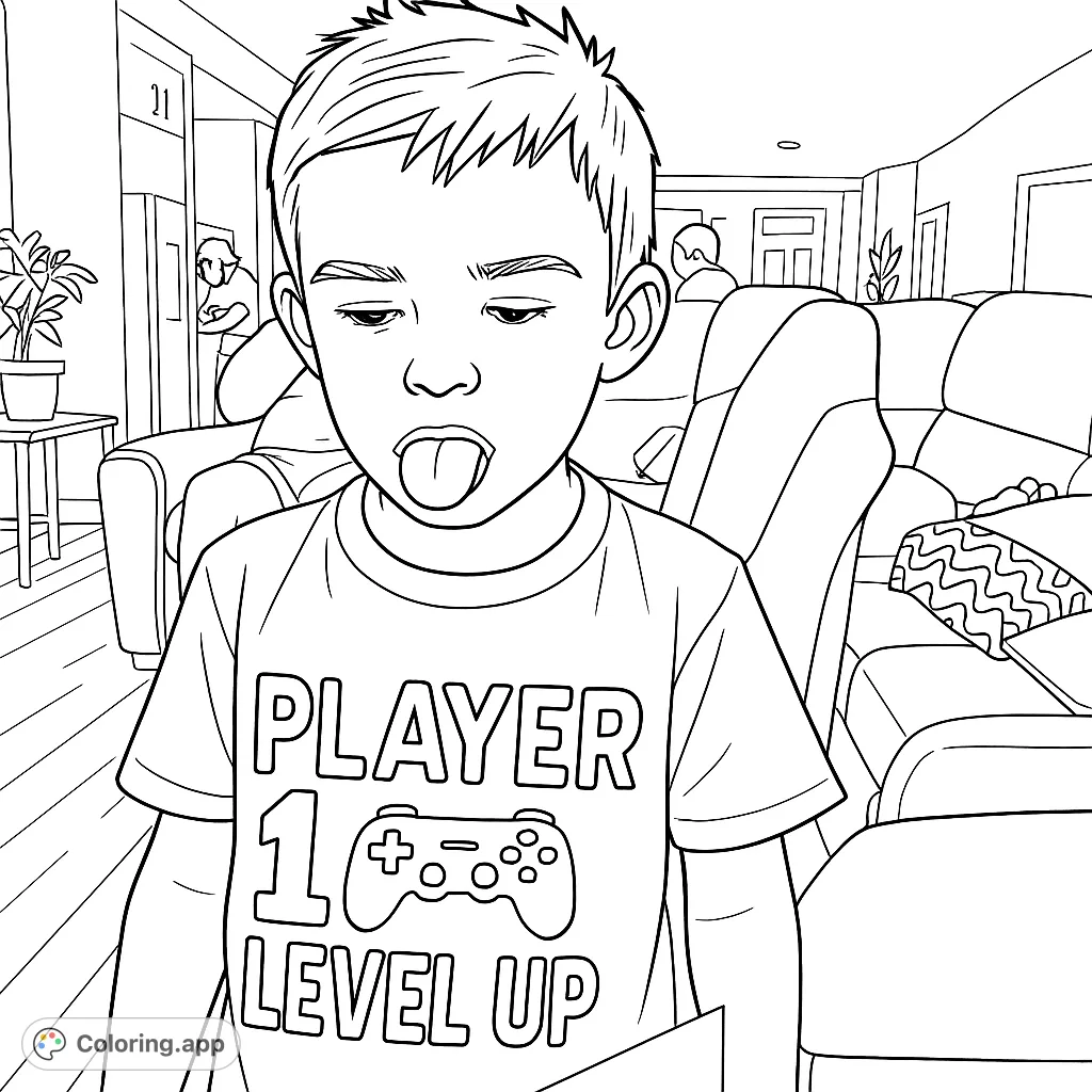 A fun coloring page featuring a playful child sticking out their tongue, wearing a 'PLAYER 1 LEVEL UP' shirt with a game controller graphic. Perfect for young gamers.