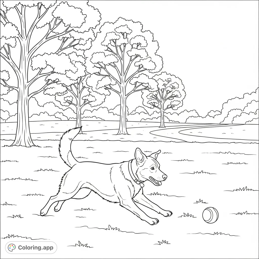 An energetic dog joyfully chases a ball in a sunny park, surrounded by trees and open space. A delightful dog playing coloring page for all ages.