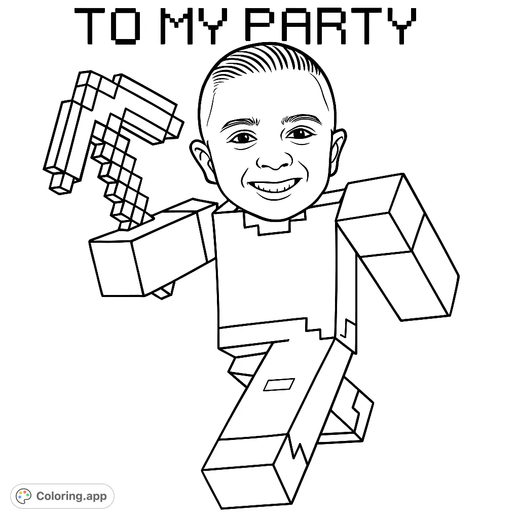 A fun blocky character with a smiling boy's face holds a pixelated pickaxe, ready for adventure. Perfect for young fans of block-building games!