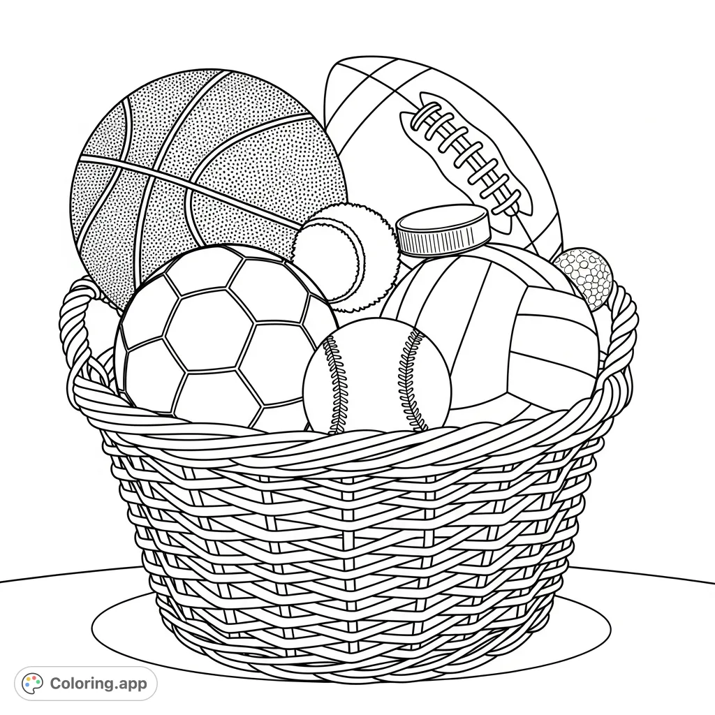 An overflowing wicker basket filled with a variety of sports balls, including basketball, football, soccer ball, and more. Perfect for sports enthusiasts.