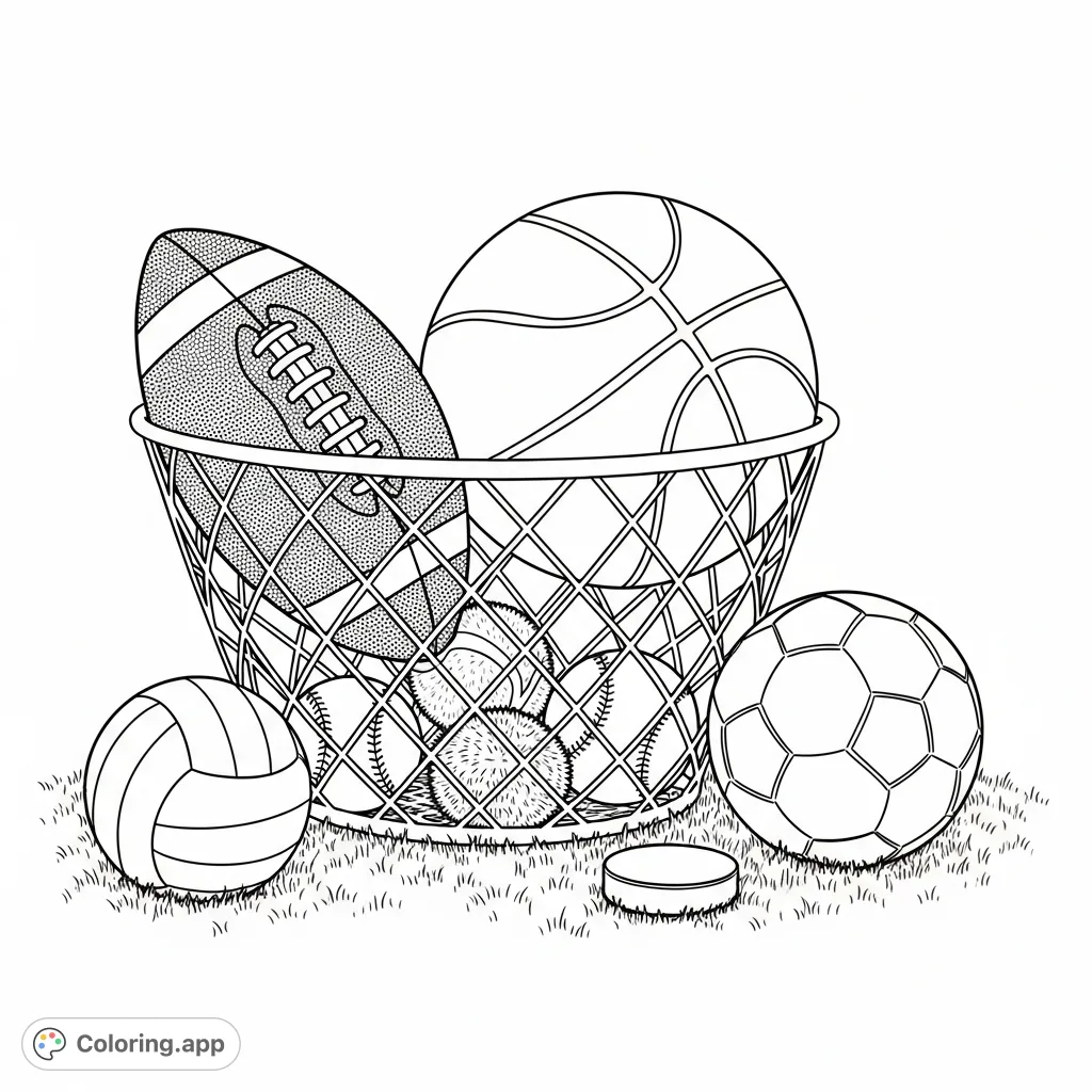 Discover a fun sports equipment coloring page featuring a basket overflowing with various balls, perfect for athletes and enthusiasts of all ages.