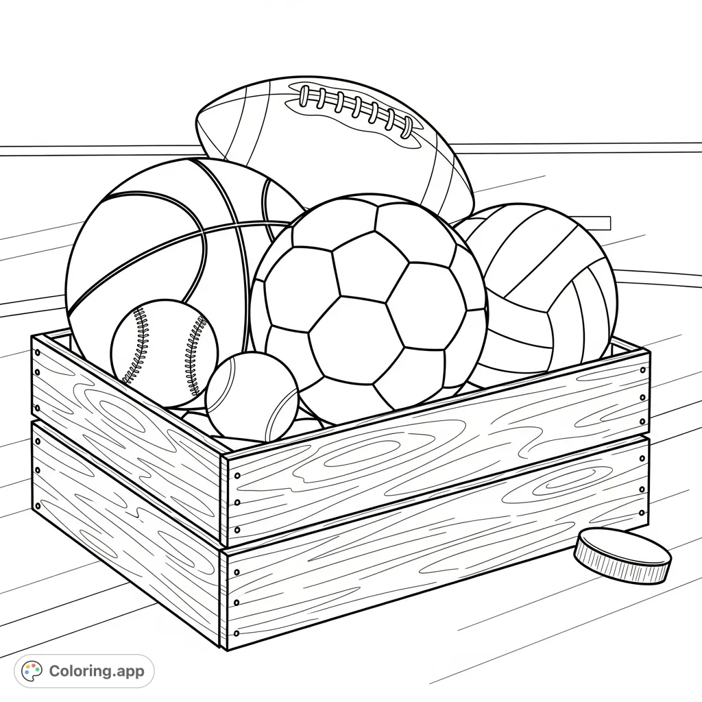 Discover a fun sports equipment coloring page featuring a crate overflowing with a basketball, soccer ball, football, baseball, tennis ball, volleyball, and hockey puck on a gym floor.