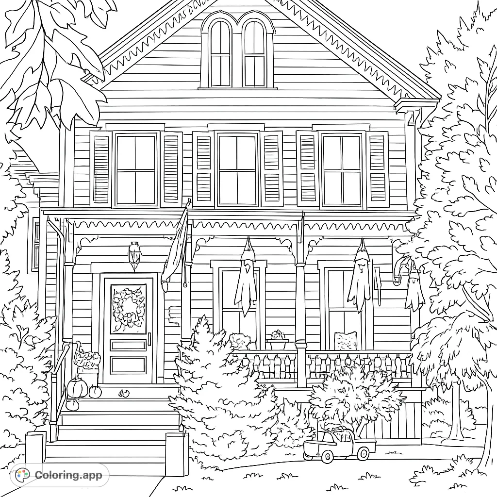 A charming Victorian house adorned with festive Halloween decorations, pumpkins, and spooky hanging figures, perfect for seasonal coloring fun.