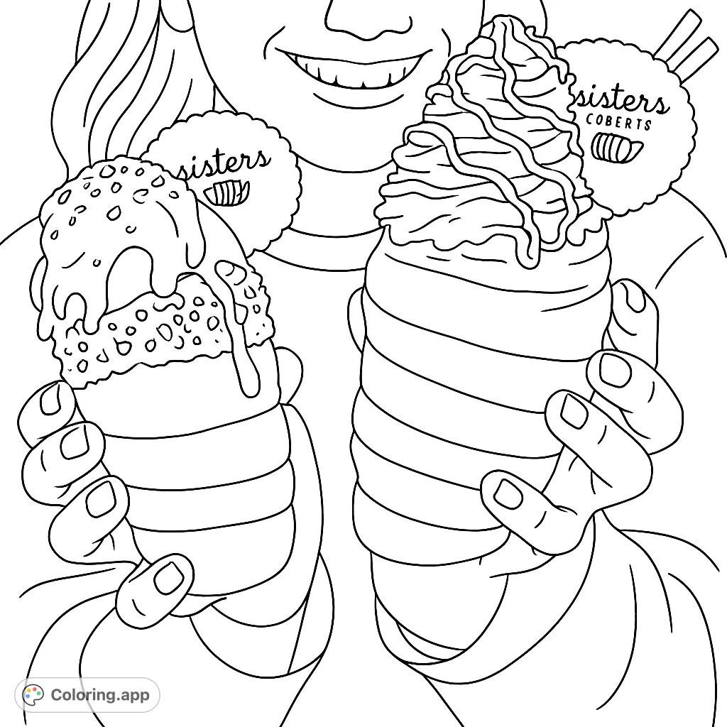 Two hands present delightful conical pastries, richly textured and topped with swirls of cream, drizzles, and crunchy elements, perfect for a sweet coloring escape.