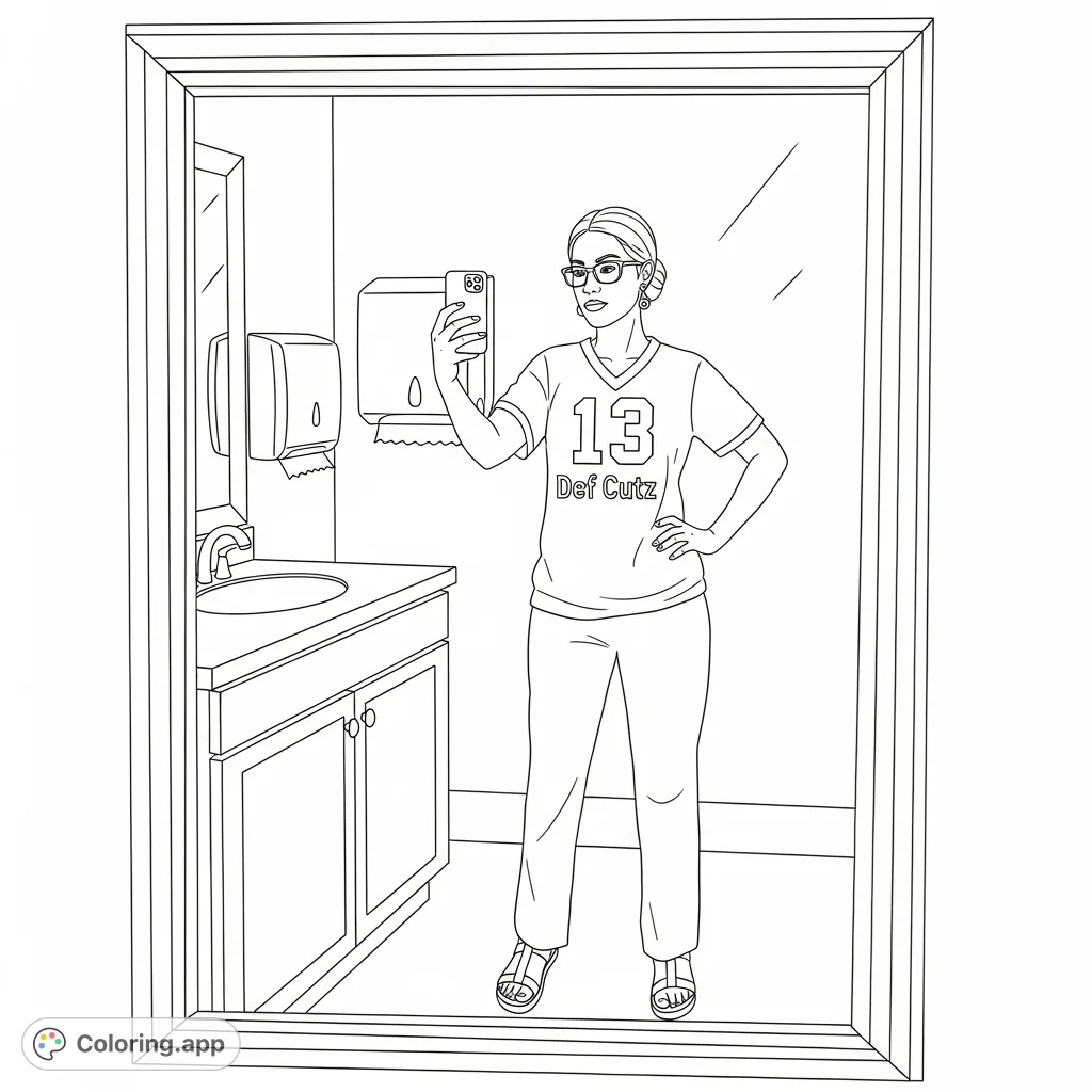 Capture a modern moment with this free printable selfie coloring page. A woman poses in a mirror, showcasing her 'Def Cutz' top and stylish accessories.