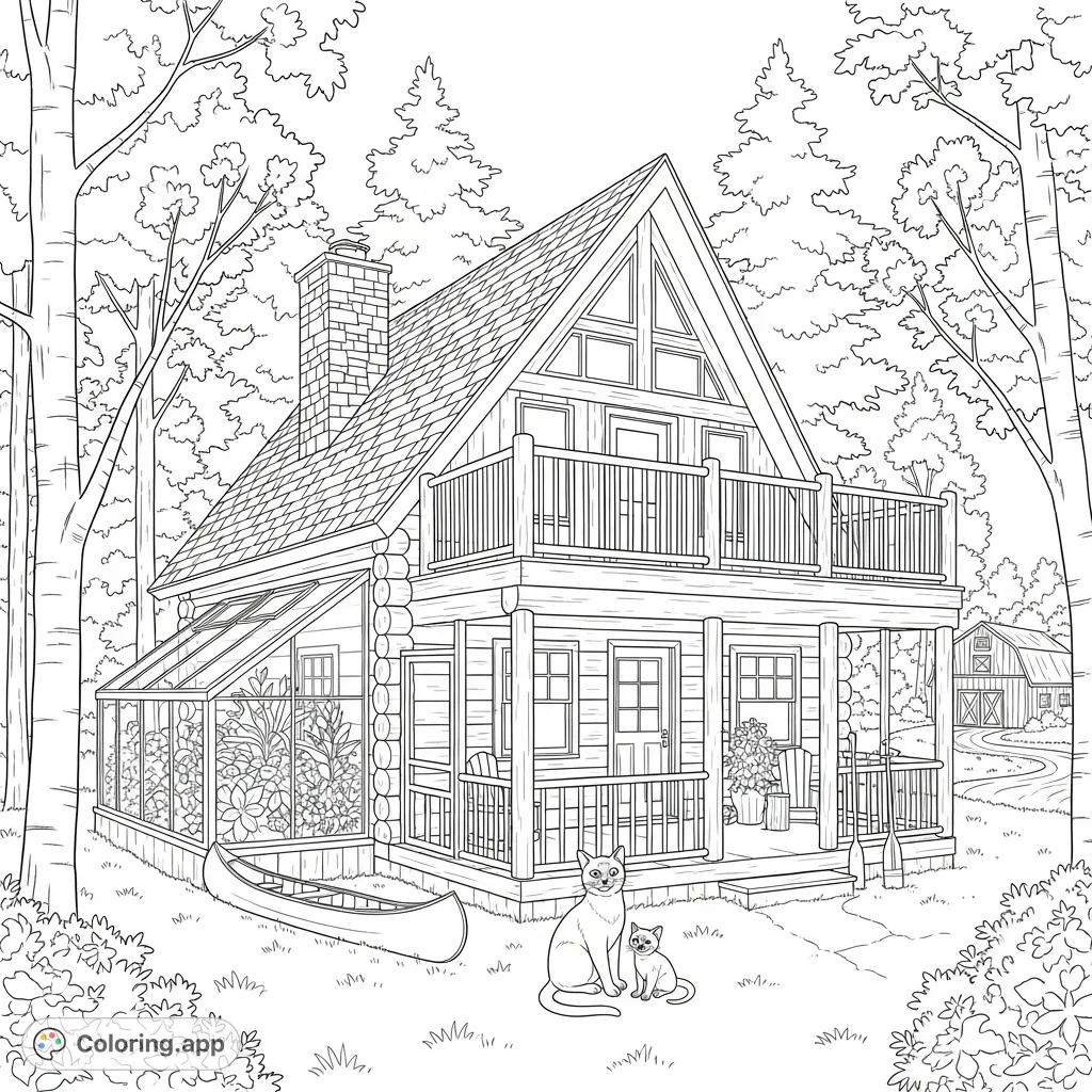 A detailed log cabin with a wrap-around porch, lush greenhouse, and Siamese cats, nestled among Muskoka pines by a river. Perfect for rustic charm.