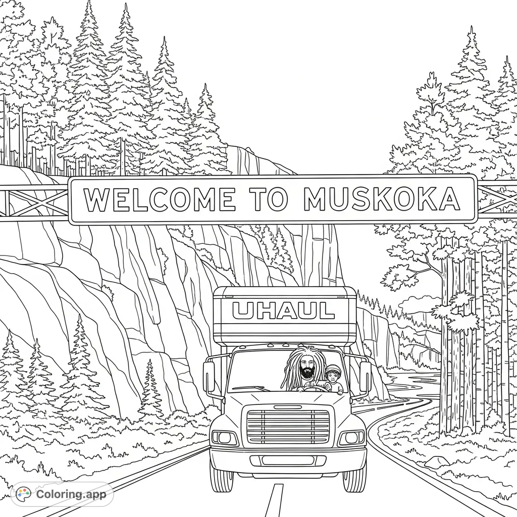 Embark on a detailed Muskoka UHAUL Journey coloring page, featuring a Rasta man and boy driving past granite rocks, diverse trees, and the iconic "WELCOME TO MUSKOKA" sign.