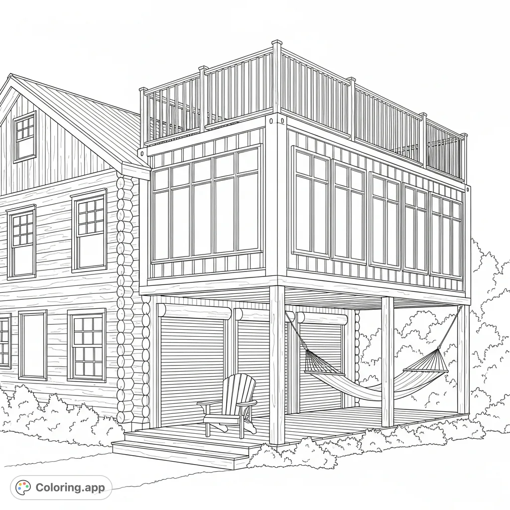 Discover a unique log cabin featuring an integrated shipping container veranda with rollaway doors, windows, a Juliette balcony, a Muskoka chair, and a hammock.